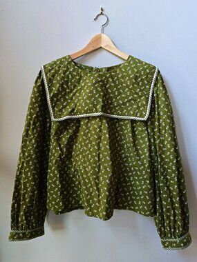 Doen Renoir Blouse Top in Chartreuse Green Cypress Calico Print in a Size XL